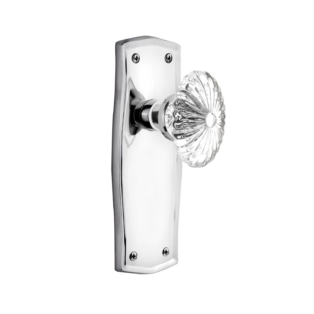 Nostalgic Warehouse PRAOFC Complete Passage Set Without Keyhole Prairie Plate with Oval Fluted Crystal Knob in Bright Chrome